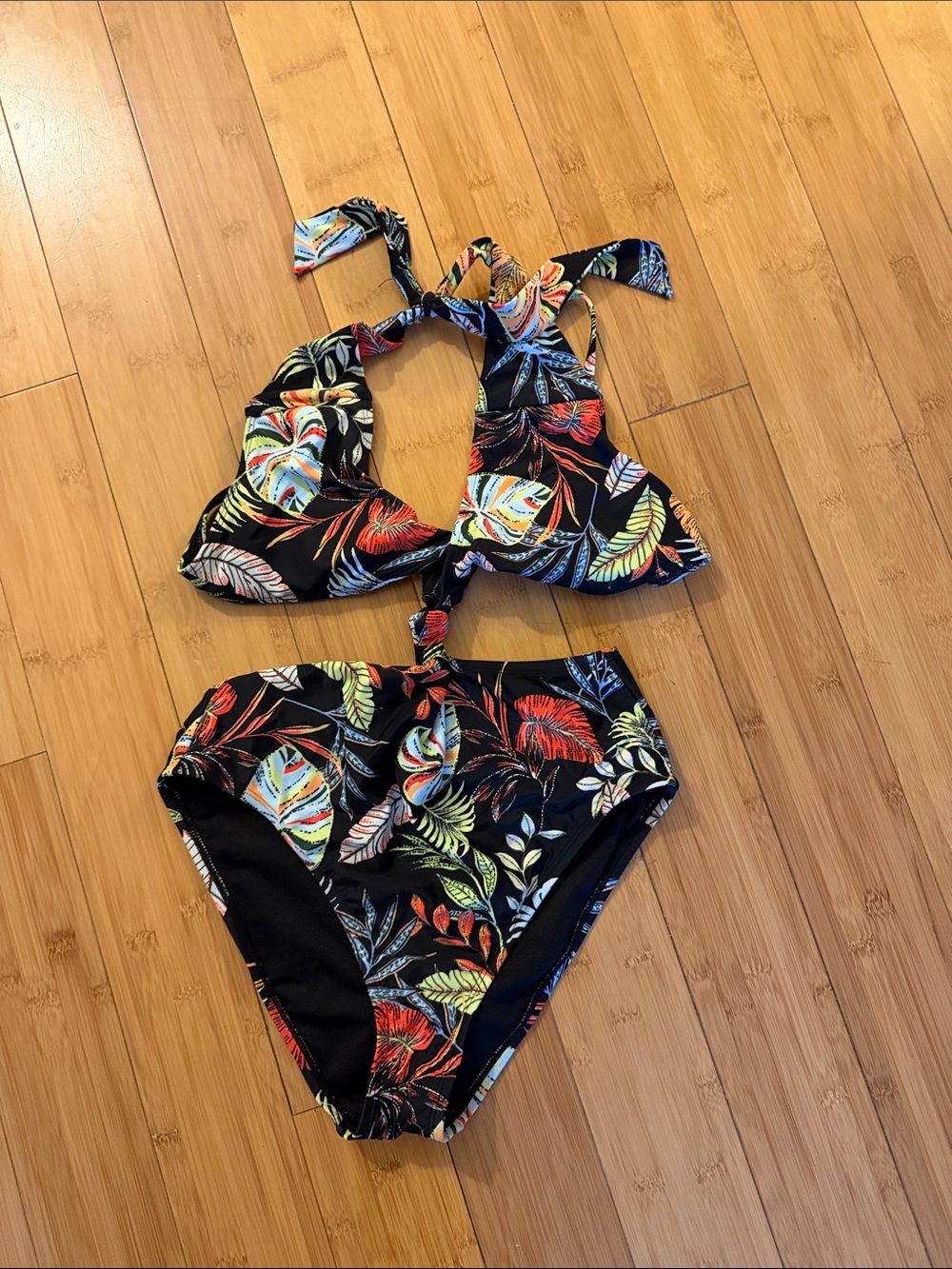 Bar III Black Tropical Tie-Front One-Piece